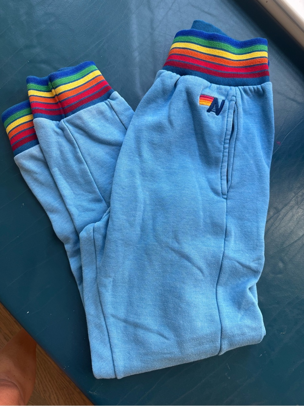 Aviator Nation XS Light Blue Sweatpants with Rainbow Cuffs